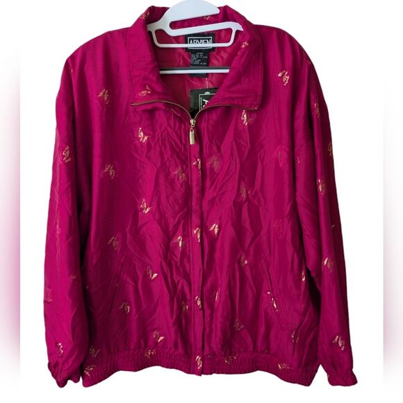 Vintage Abvien Y2K Pink Silk Gold Butterfly Print Bomber Jacket Size XL - Picture 1 of 10